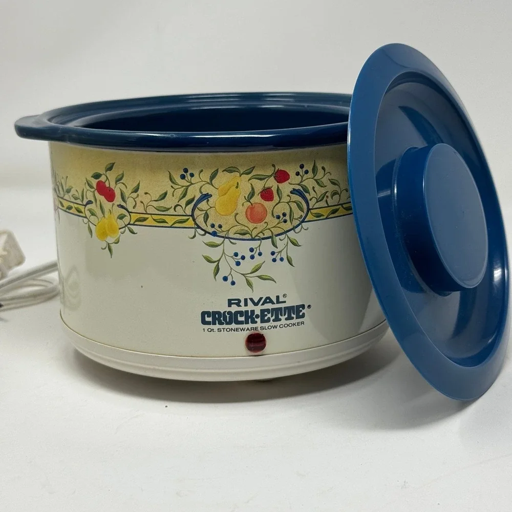 Rival Crock-Ette 1 Qt Stoneware Slow Cooker Fruit Pattern Blue Model Vtg Kitchen